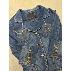 Rocawear Womens Denim Jacket Blue‎ Jean Embroidered Pockets Button Front Size L